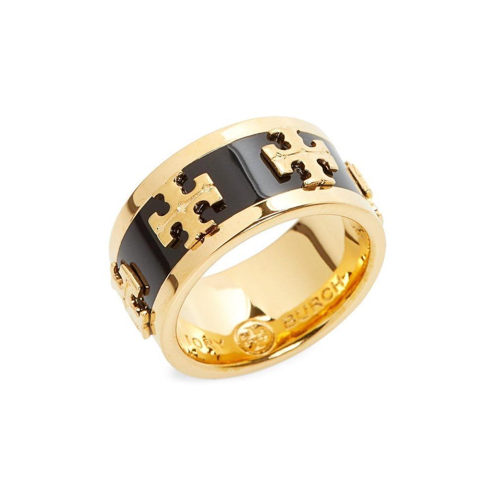 Tory Burch Enamel Raised Logo Size 6 Ring - Black/Gold with Dust Bag